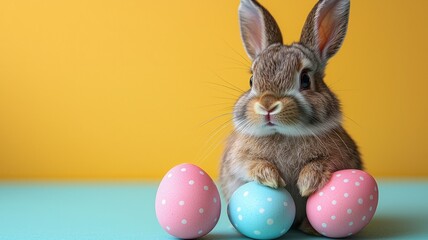 Easter bunny adorable rabbit with easter egg blue pink yellow polkadot painting on colorful background. Easter holiday concept.