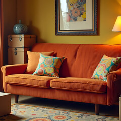 A retro 1970s style orange corduroy sofa is featured in a funky vintage-themed living room, accented with colorful patterned cushions and warm yellow walls