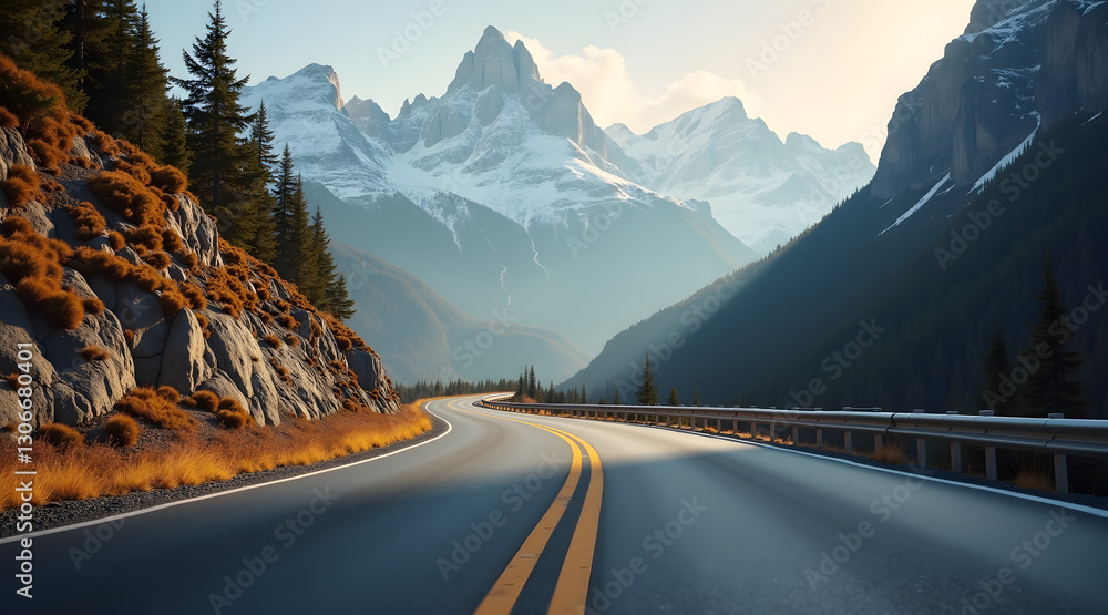 Poster a winding mountain road carved into the cliffs disappears into misty peaks surrounded by tall trees 