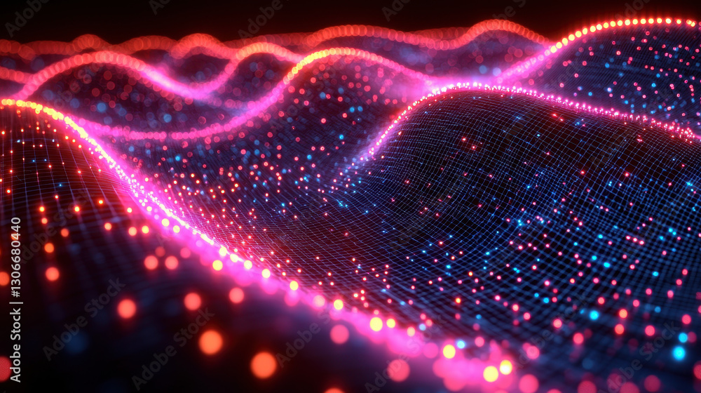 Poster vibrant digital landscape of glowing waves and particles, illustrating concepts of data flow and tec