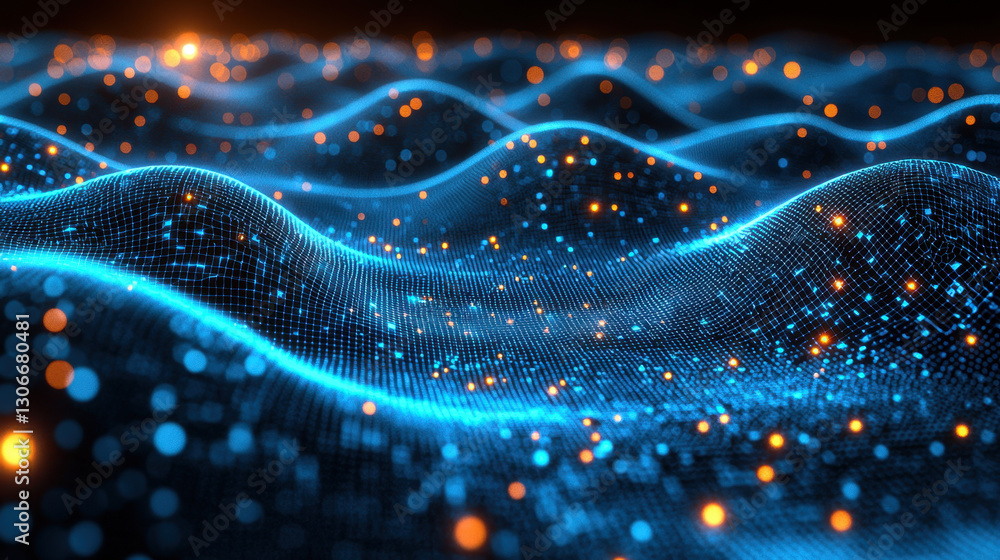 Poster digital landscape of glowing blue and orange particles forms wave like pattern, representing data fl