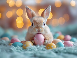 Easter bunny adorable rabbits with easter egg painting on fluffy blue knitting with elegant decoration background. Easter holiday concept.