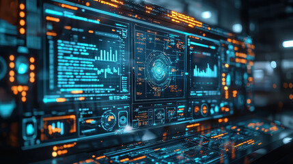 futuristic digital interface displays complex data visualizations and analytics, featuring glowing blue and orange elements in high tech environment