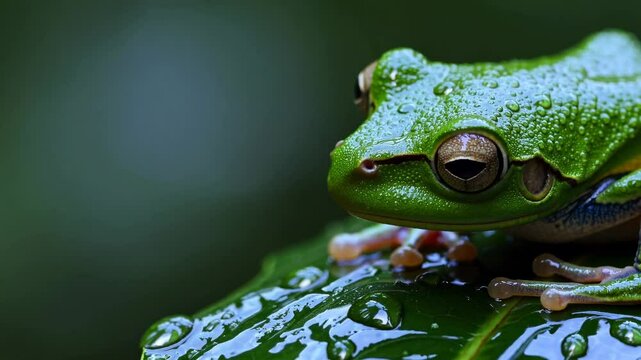 A close-up view of green red-eyed tree frog resting on a wet leaf. Agalychnis callidryas. Smooth skin in water droplets