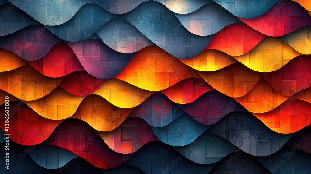 Aufkleber colorful abstract pattern with layered waves red, orange, and blue tones, creating dynamic and vibra