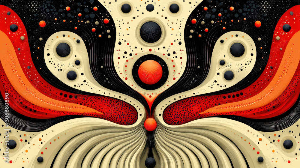 Poster abstract digital art with bold red, black, and cream colors, featuring circular and flowing patterns
