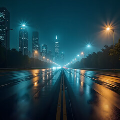 A nighttime city highway glistens after rain, with wet asphalt reflecting vibrant neon lights from nearby skyscrapers and a mysterious ambiance enveloping the scene
