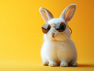 Cute funny bunny rabbit wearing fashion sunglasses on yellow colorful background.