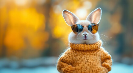 Cute funny bunny rabbit wearing fashion sunglasses and kniting shirt in spring floral colorful garden background.
