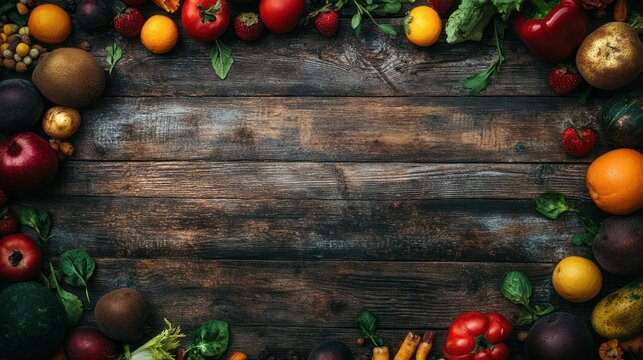 Colorful fruits vegetables wood background healthy food recipe