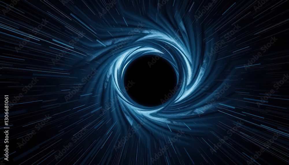 Poster stylized abstract rendition of black hole with swirling light and absence of color center