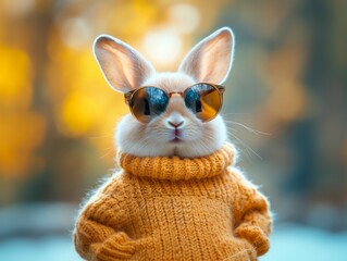 Cute funny bunny rabbit wearing fashion sunglasses and kniting shirt in spring floral colorful garden background.