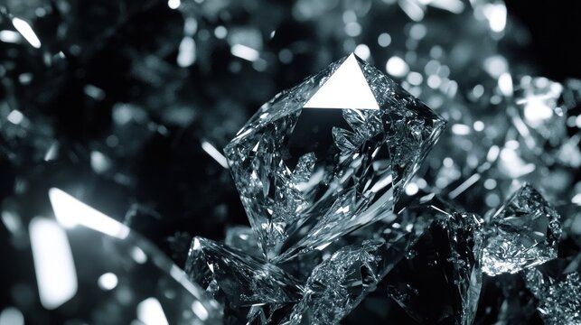 Triangular crystal among shards, dark background, digital art