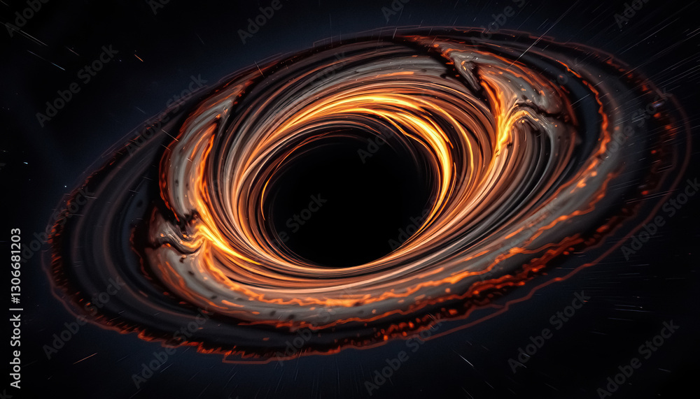 Poster abstract visualization of black hole depicting swirling plasma and gravitational distortion in space