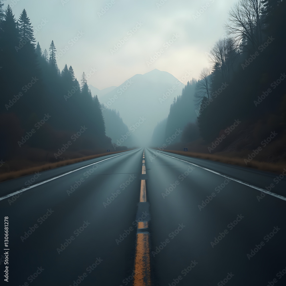 Poster a dark misty highway cuts through a deep valley at dawn with fog hanging low, partially obscuring di