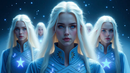A group of Pleiadians, beautiful ethereal light beings and lightworkers, in a mystical and otherworldly atmosphere