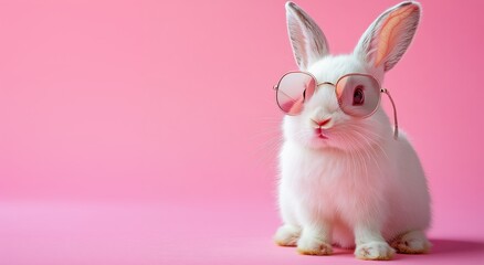 Cute funny bunny rabbit wearing fashion sunglasses on pink vibrant colorful background.