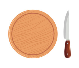 Round wooden chopping board with knife Vector illustration of kitchen utensils Isolated on white background