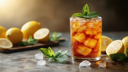 Fototapeta premium a tall glass of iced lemon tea garnished with fresh mint leaves served on a sunlit table with sliced lemons perfect for serene summer moments or a refreshing beverage