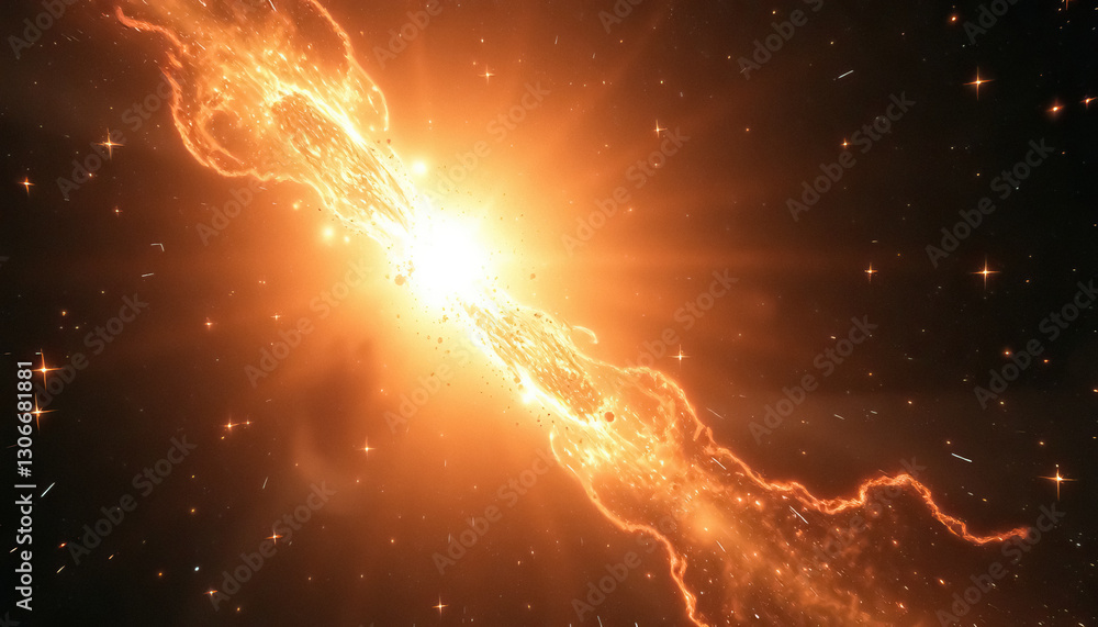Poster cosmic explosion burst of intense light and energy erupts in vastness of space scattering particles