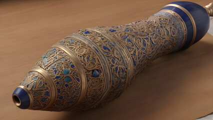 Exquisitely ornate decorative object with intricate patterns and blue accents