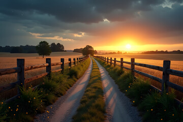 A country road at twilight is flanked by rustic wooden fences and golden wheat fields, while fireflies flicker in the warm glow of the setting sun