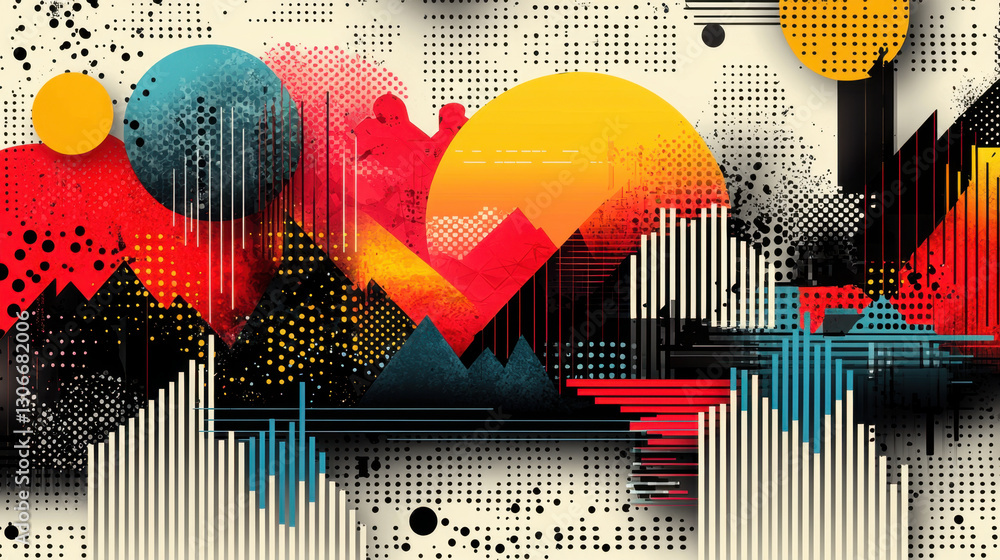 Poster abstract geometric artwork with vibrant colors and digital textures, featuring circles, lines, and g