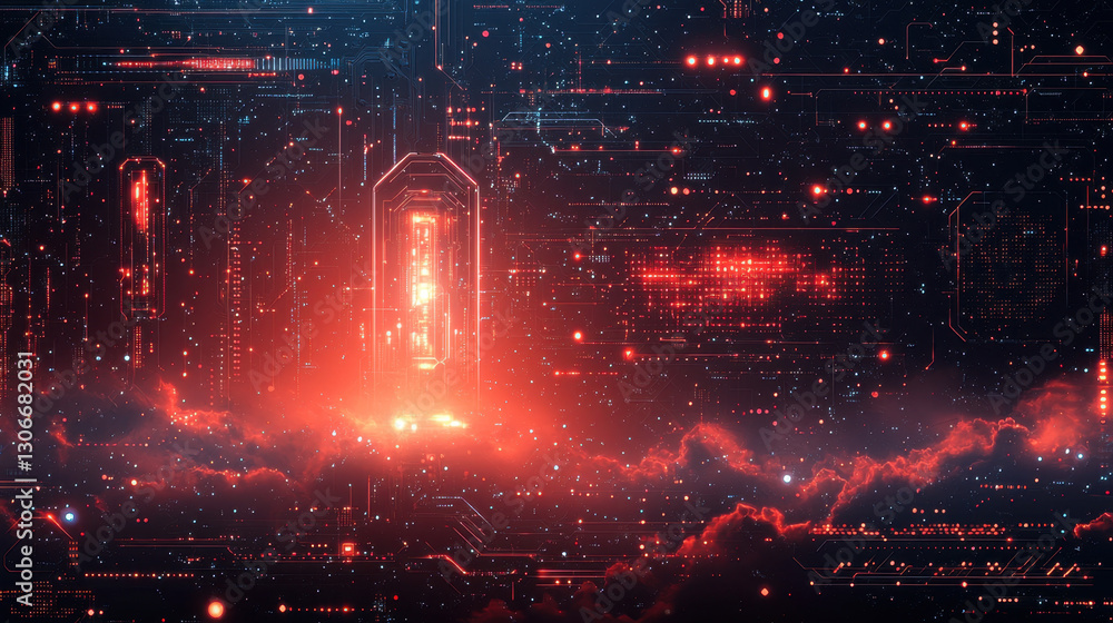 Poster futuristic digital landscape with glowing red lights and circuit patterns, evoking sense of advanced
