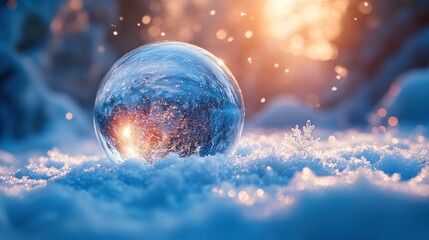 a transparent glass sphere rests gently on a snowy landscape with snowflakes descending softly conveying serenity and a magical winter ambiance