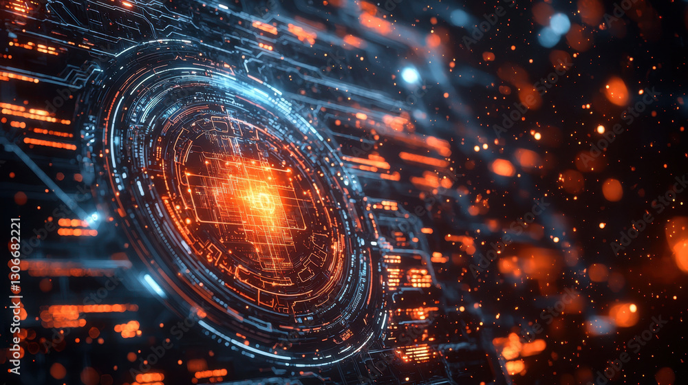 Poster futuristic digital interface with glowing orange and blue circuitry, showcasing advanced technology 