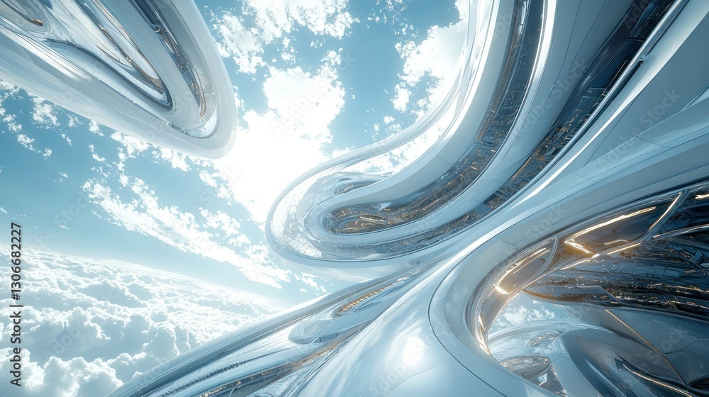 Poster a futuristic cityscape with abstract architectural structures and clouds