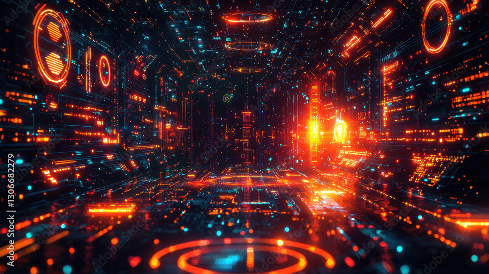 Poster vibrant digital corridor with glowing neon lights and futuristic technology elements creates immersi