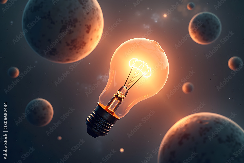 Aufkleber a surreal scene of a giant light bulb floating in space, emitting a cosmic glow while planets orbit 