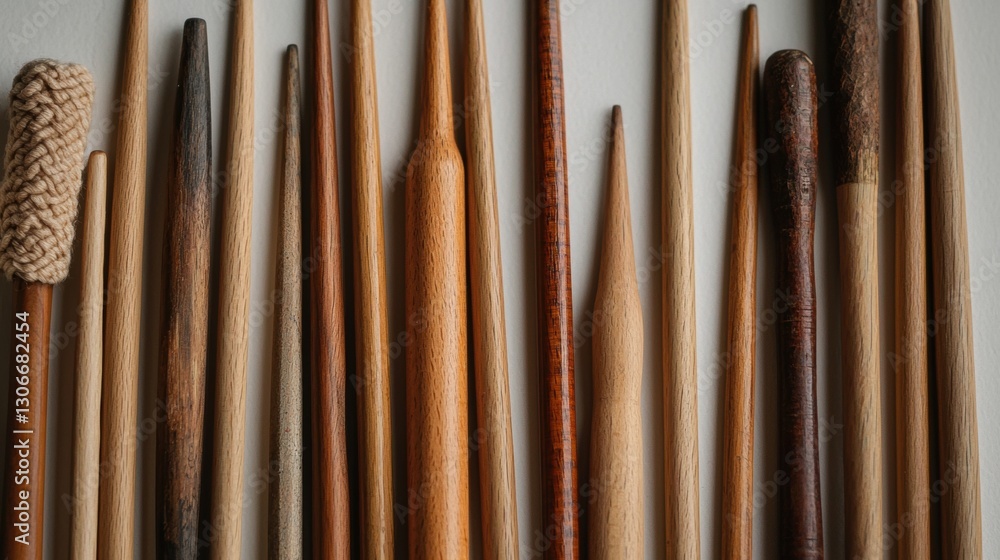 Poster collection of wooden knitting needles arranged in a horizontal line on a white background. there are