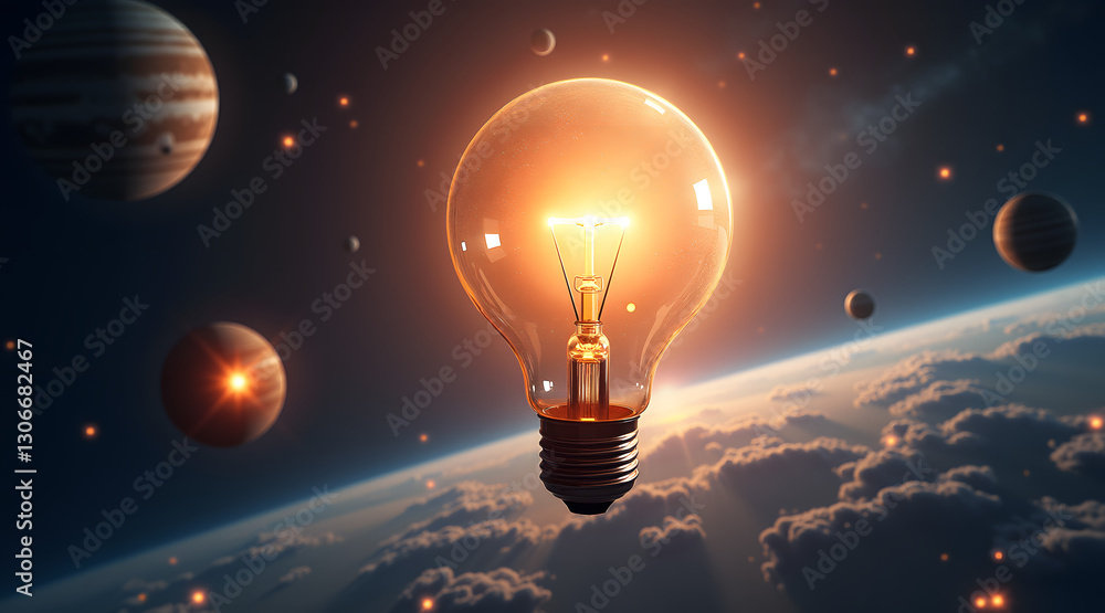 Aufkleber a surreal scene of a giant light bulb floating in space, emitting a cosmic glow while planets orbit 