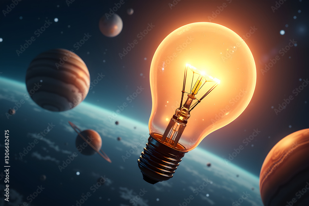 Poster a surreal scene of a giant light bulb floating in space, emitting a cosmic glow while planets orbit 