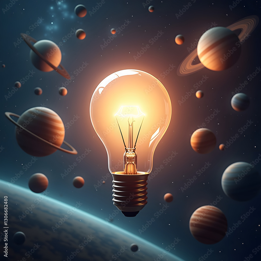 Poster a surreal scene of a giant light bulb floating in space, emitting a cosmic glow while planets orbit 