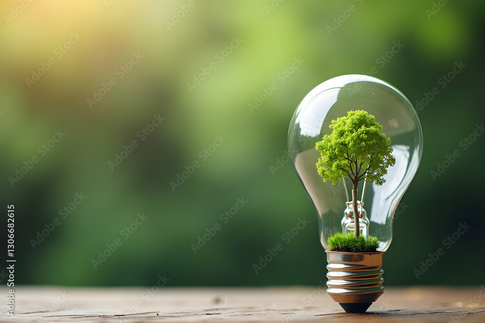 Poster a light bulb contains a tiny tree growing inside, representing the connection between nature and inn