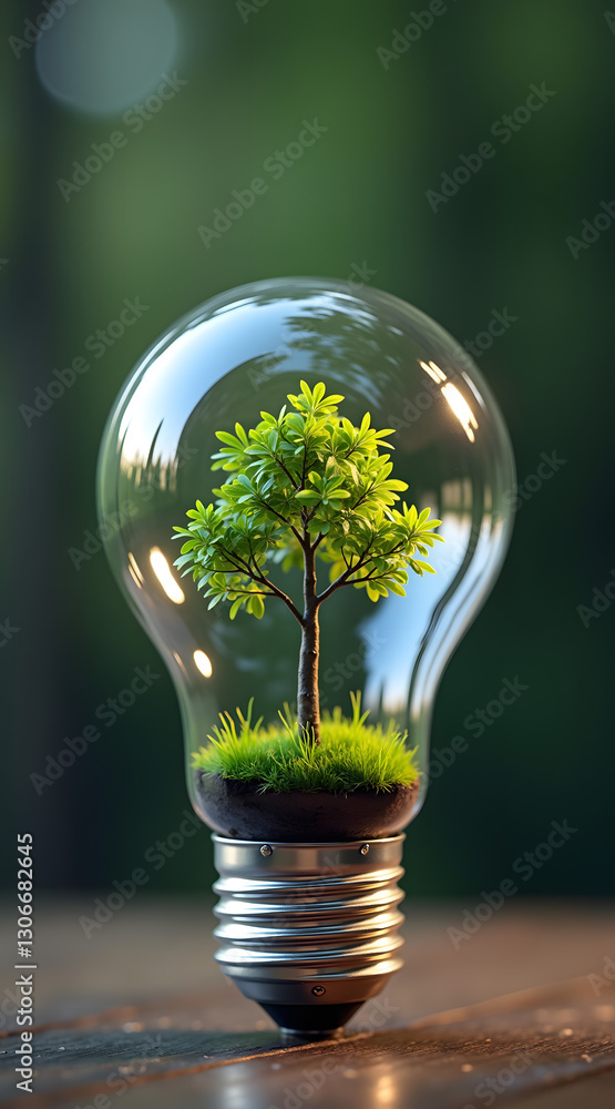 Poster a light bulb with a tiny tree growing inside symbolizes the connection between nature and innovation