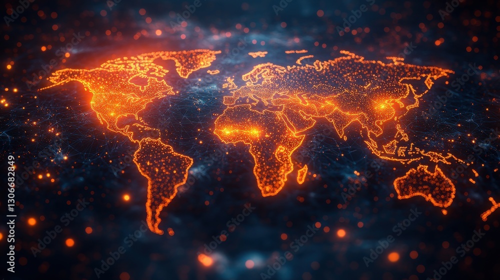 Poster a vibrant depiction of a glowing digital world map with intricate network connections symbolizing gl