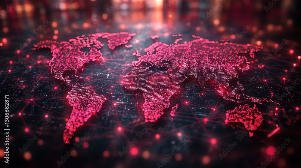 Poster a vibrant depiction of a glowing digital world map with intricate network connections symbolizing gl