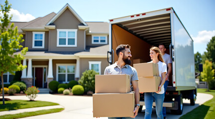 A moving truck is parked in front of a suburban house while a diverse group of young adults carries cardboard boxes into the home, reflecting the excitement of a new beginning