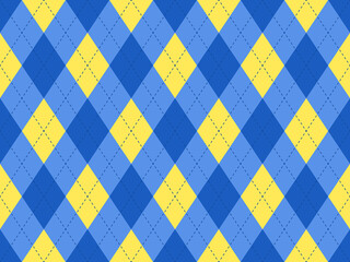 Argyle texture. Blue yellow argyle vector pattern. Seamless retro clothing print design. Argyle background.