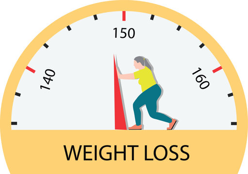 illustration of a woman losing weight, standing scale on a bathroom scale vector