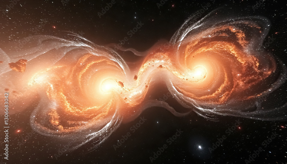 Poster two spiral galaxies merging in deep space gravitational forces distorting each other shapes