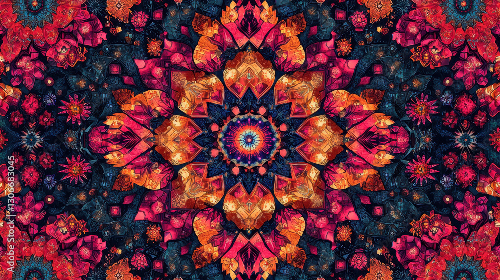 Poster vibrant kaleidoscope pattern with intricate geometric shapes and vivid colors, creating mesmerizing 