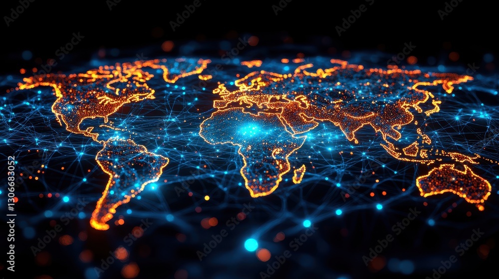 Poster a vibrant digital representation of the world map with glowing nodes and lines symbolizing global co