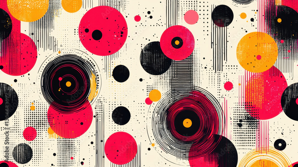 Poster abstract pattern with red, black, and orange circles on beige background, featuring technology inspi