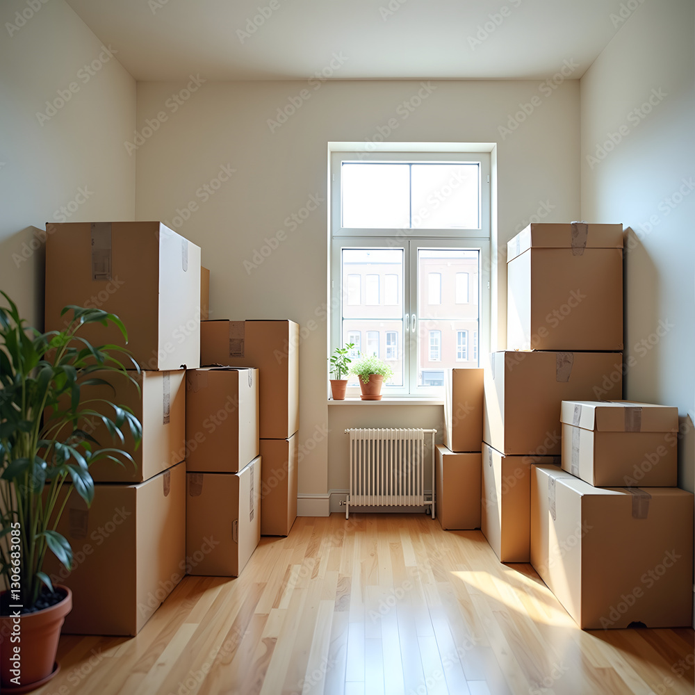 Aufkleber a time-lapse style image of a room transitioning from cluttered with packed boxes to a clean, organi