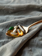 A spoonful of various dietary supplements and vitamins on a textured fabric background.